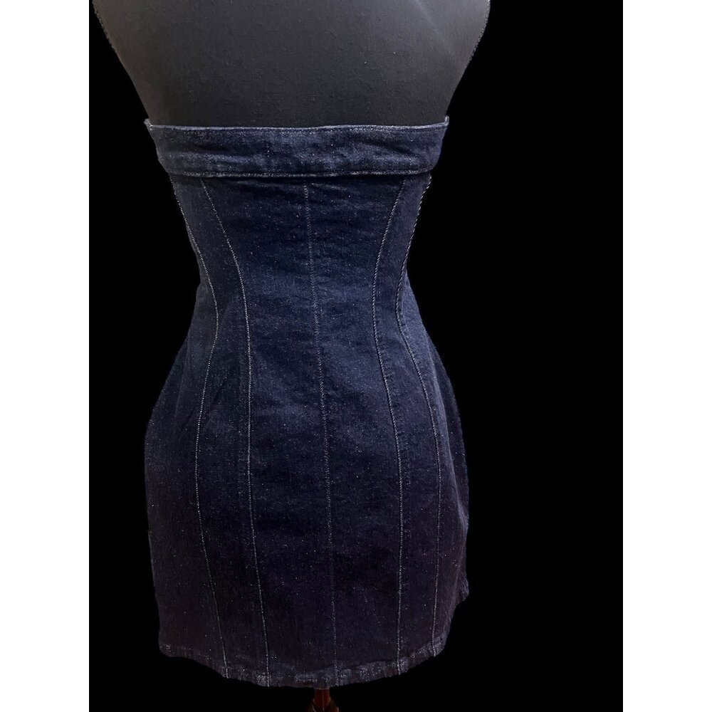 ZARA Strapless Mini Dress Women SM Dark Denim with stretch 90s western country - Picture 5 of 9